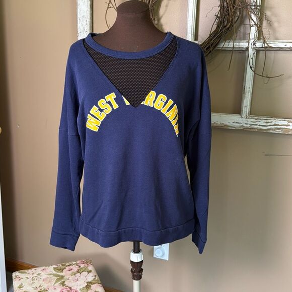 Victoria’s Secret pink wvu women’s long sleeved shirt size medium navy blue mesh - Picture 1 of 7